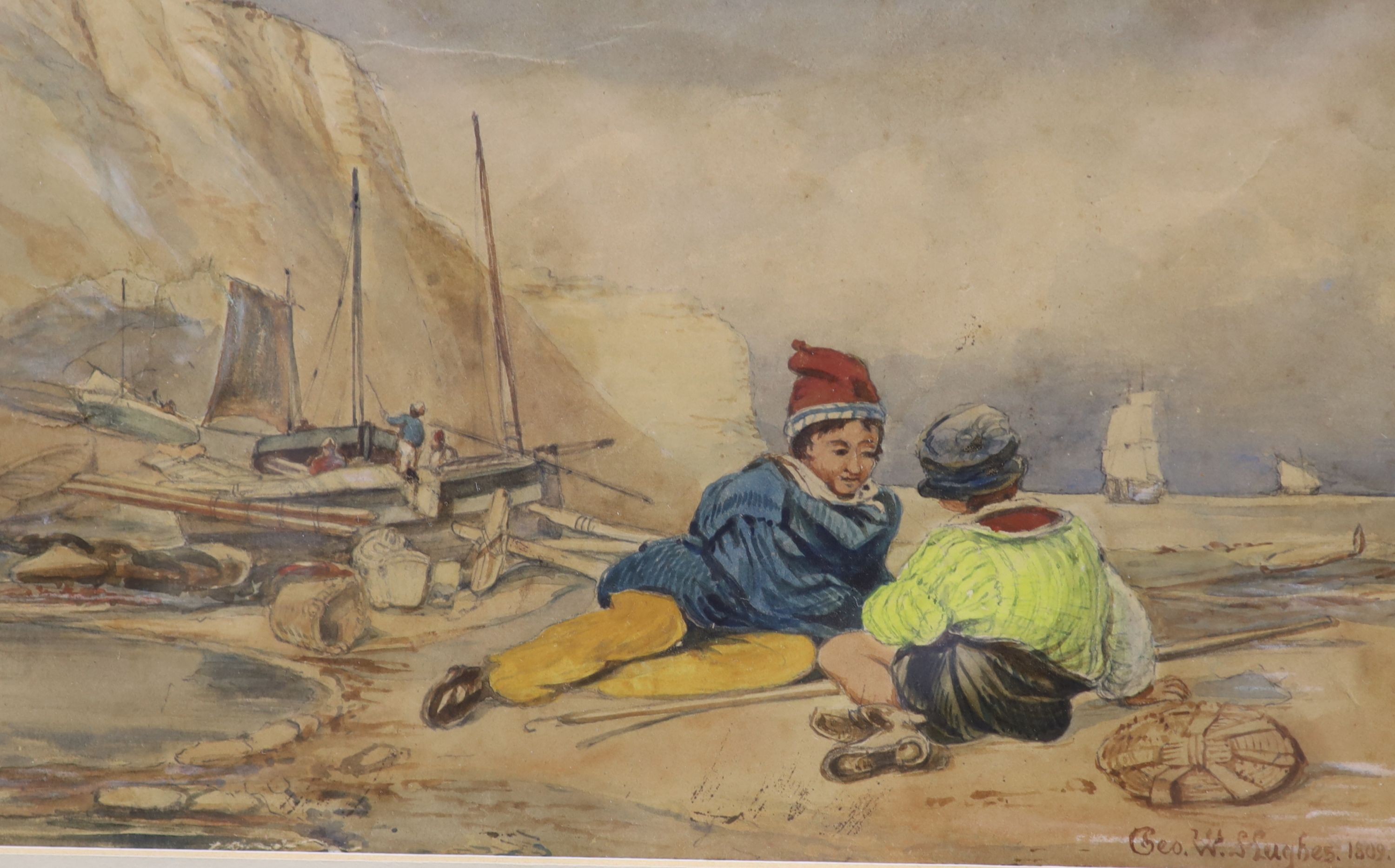 George W. Hughes (fl.1813-58), watercolour, Fisherboys on the shore, signed and dated 1809, 15 x 25cm